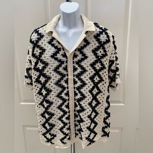 Crochet Black and Cream Button-Up Shirt Sz L